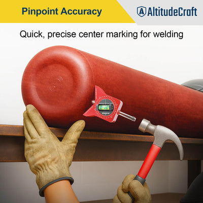 Gloved hand striking a pipe center finder punch with a hammer to mark the center of a pipe before drilling a hole through it