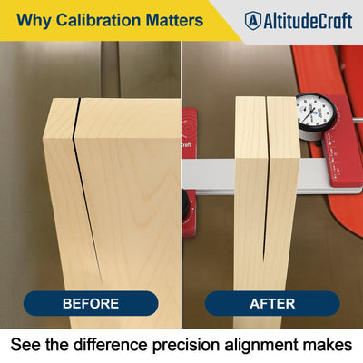 Before and after maple offcuts showing a ragged table saw kerf and a clean kerf, illustrating the 5 cut method for squaring a crosscut sled