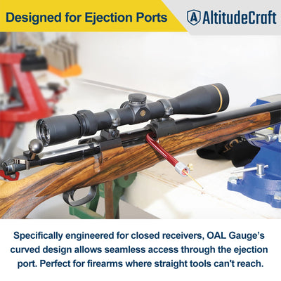 Curved lever action OAL gauge inserted through a rifle ejection port to check 30-30 overall length