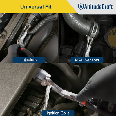 Angled electrical disconnect pliers releasing a fuel injector connector on an engine
