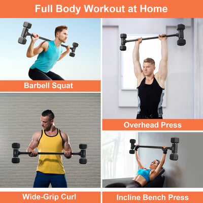 Dumbbell bench to barbell conversion chart: lifters pressing and squatting with dumbbells clamped onto a converter bar