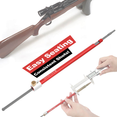 Straight OAL gauge and digital caliper next to a scoped bolt-action rifle, used to measure throat erosion