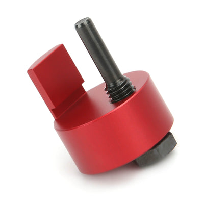 Red aluminum universal stretch belt installation tool with steel clamping pin, the type that often fails on Silverado and Sierra A/C belt pulleys