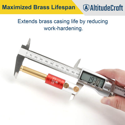 Headspace comparator bushing on digital calipers measuring a fired rifle case for full-length sizing die setup