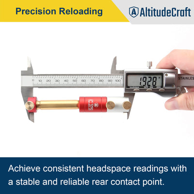 Headspace gauge vs comparator: a headspace comparator and red anvil base mounted on a digital caliper measuring a brass rifle case