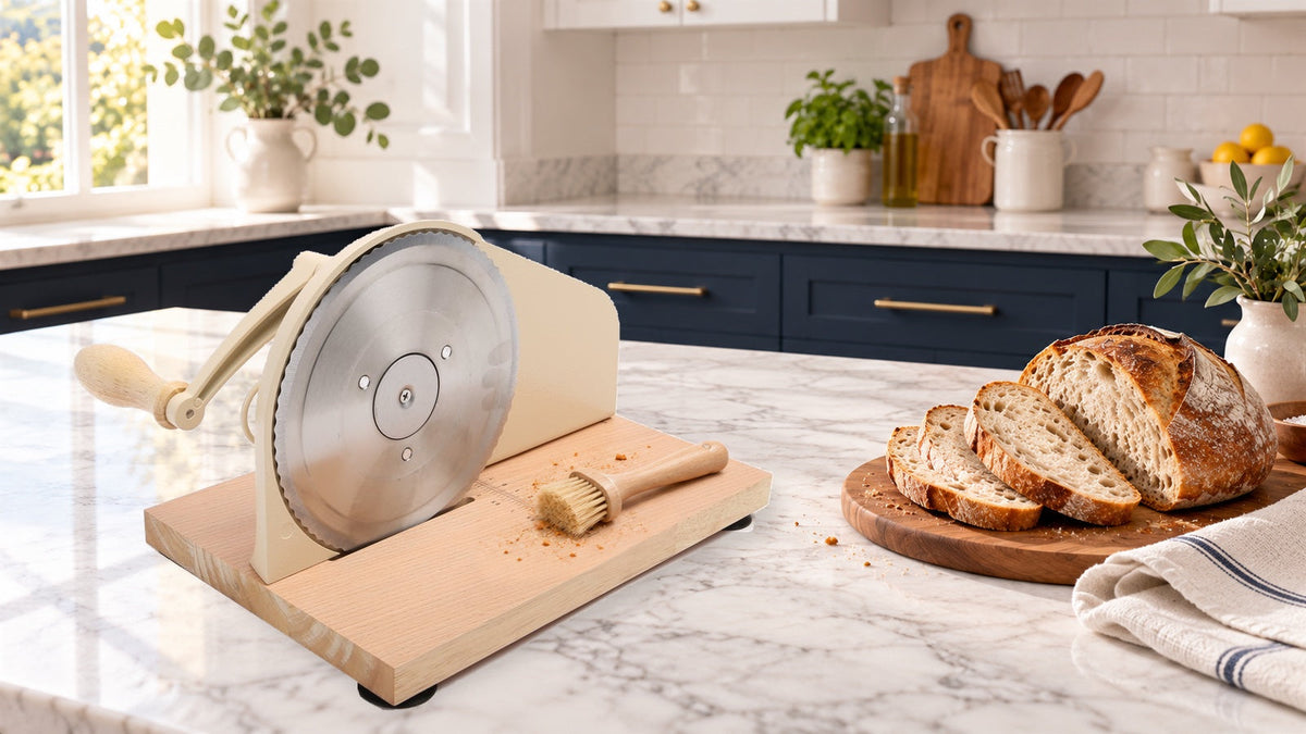 Cream manual bread slicer on a marble kitchen counter with sliced sourdough, a cleaning brush and a few crumbs on its wooden base