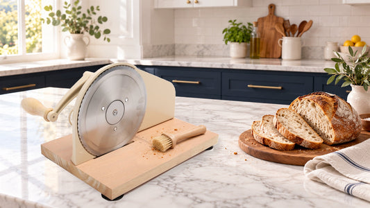 Cream manual bread slicer on a marble kitchen counter with sliced sourdough, a cleaning brush and a few crumbs on its wooden base
