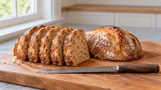 Illustration of half a cooled sourdough loaf lying cut side down on a wooden board with a row of straight slices and a serrated bread knife beside it