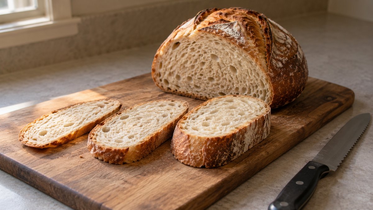 Illustration of a sourdough round on a wooden board with slices of different thicknesses laid out in front and a serrated bread knife beside it