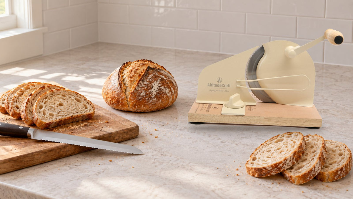 Illustration of a serrated bread knife and a cream-colored hand-crank bread slicer side by side on a kitchen counter with a sourdough loaf
