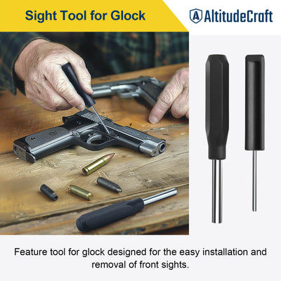 How to adjust Glock sights: gunsmith drifting a pistol rear sight with a red sight pusher at a workbench