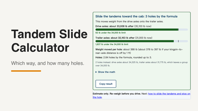 Tandem slide calculator result card with axle weight bars: slide the tandems toward the cab 3 holes