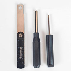 Photo of the three kit tools side by side: carbon multi-scraper, 3/16 inch hex nut driver and pin punch