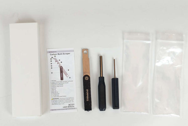 What is in the box: scraper, hex nut driver, pin punch, user manual and white box