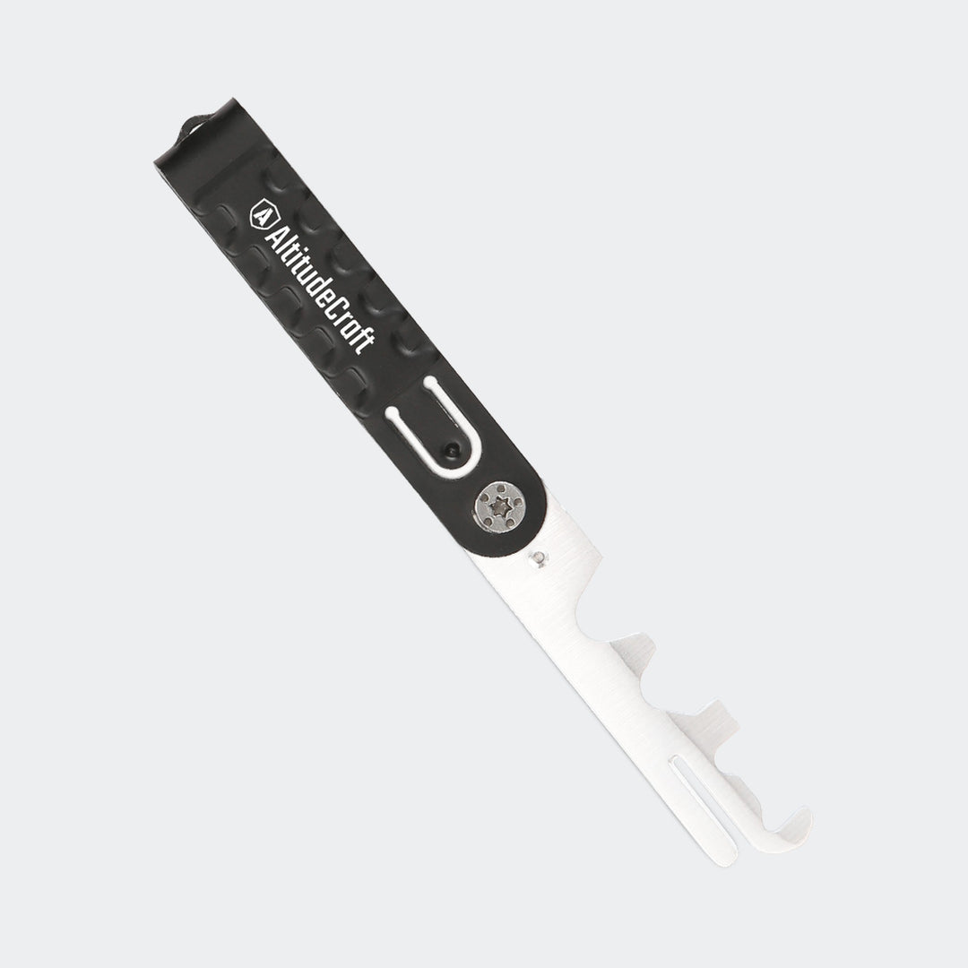 AltitudeCraft Carbon Multi-Scraper alone, opened, stainless steel blade with black pivoting cover
