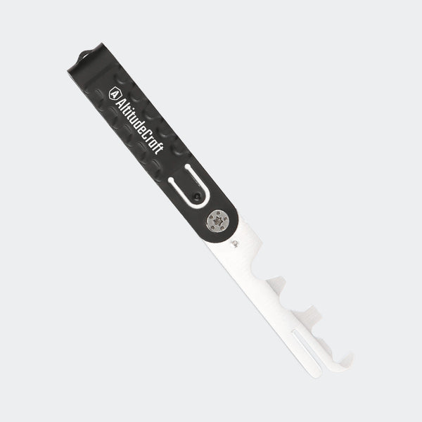 AltitudeCraft Carbon Multi-Scraper alone, opened, stainless steel blade with black pivoting cover