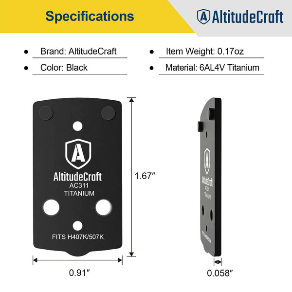 AltitudeCraft Precision Optic Adapter Plate for Glock 43X/48 MOS and Hellcat OSP, Mount Plate, Compatible with Holosun 407K/507K, Durable Titanium - AltitudeCraft