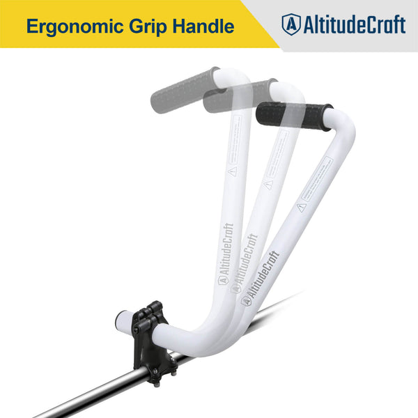 Adjustable ergonomic grip handle showing multiple angle positions on trimmer shaft