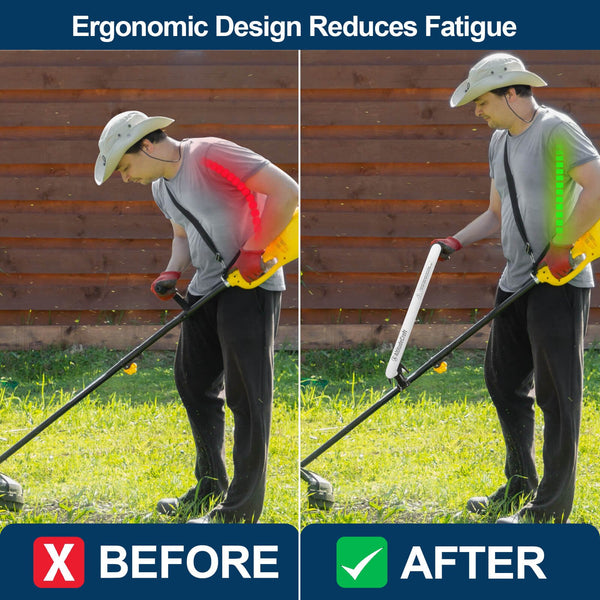 Before and after posture comparison showing reduced back fatigue with ergonomic weed eater handle