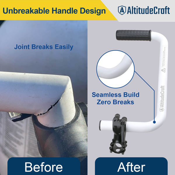 Unbreakable seamless one-piece handle design compared to competitor joint that breaks easily