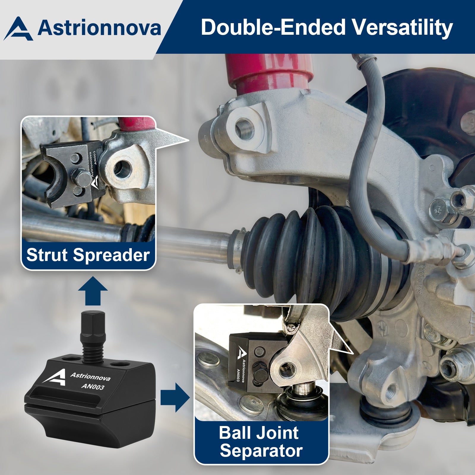 Double-ended versatility - strut spreader and ball joint separator in one tool