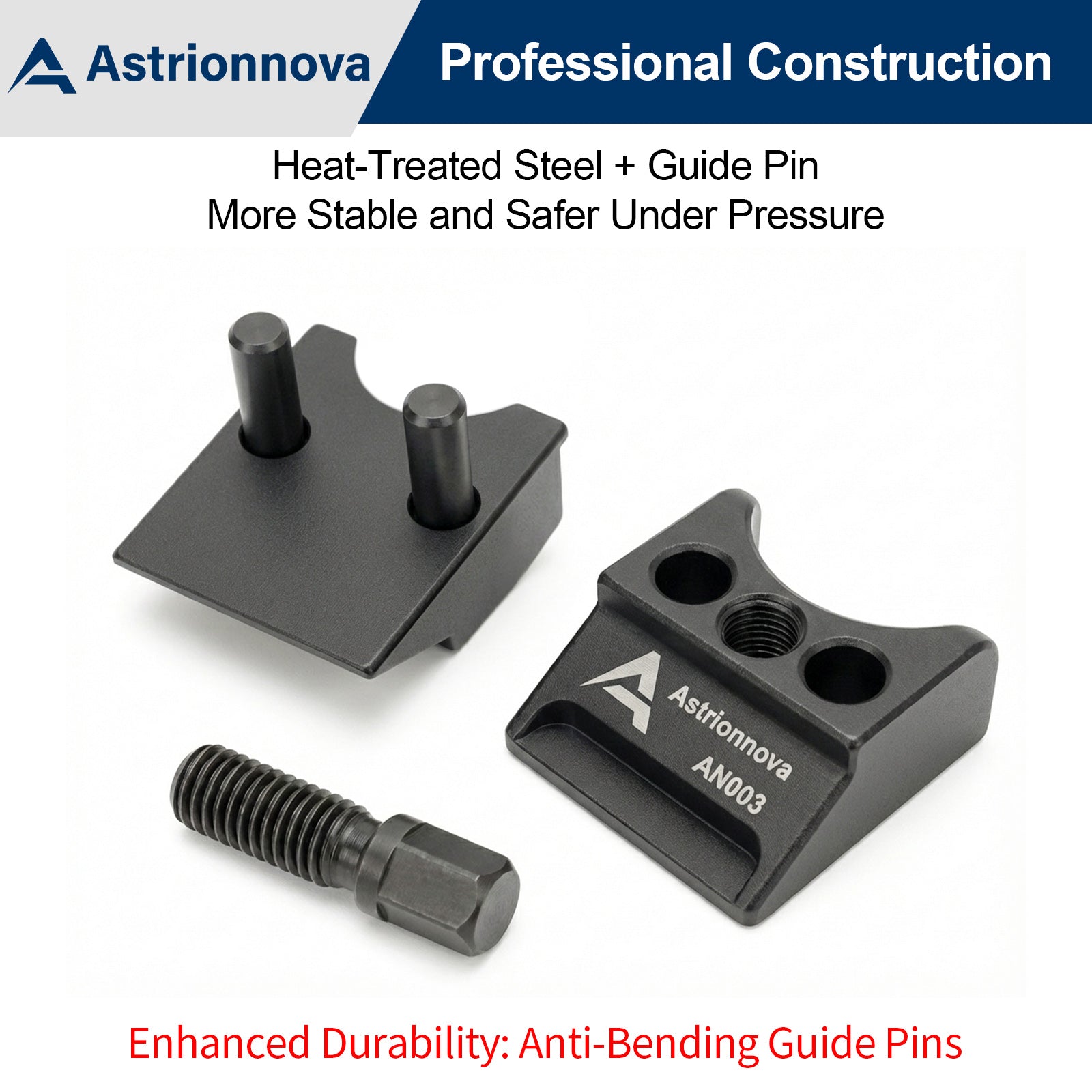 Heat-treated steel construction with anti-bending guide pins for durability